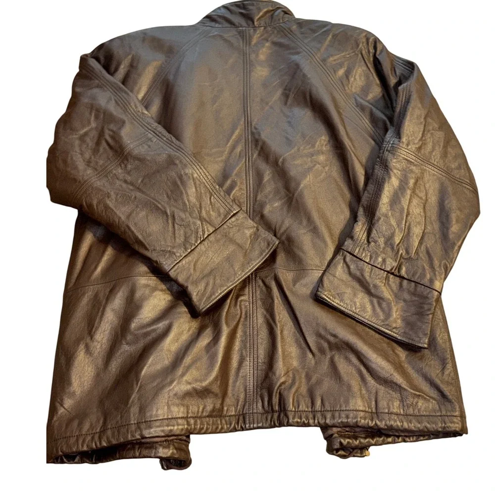 Vintage Spiegel Women 1X Brown Leather Full Zip Jacket with Pockets Draw Strings